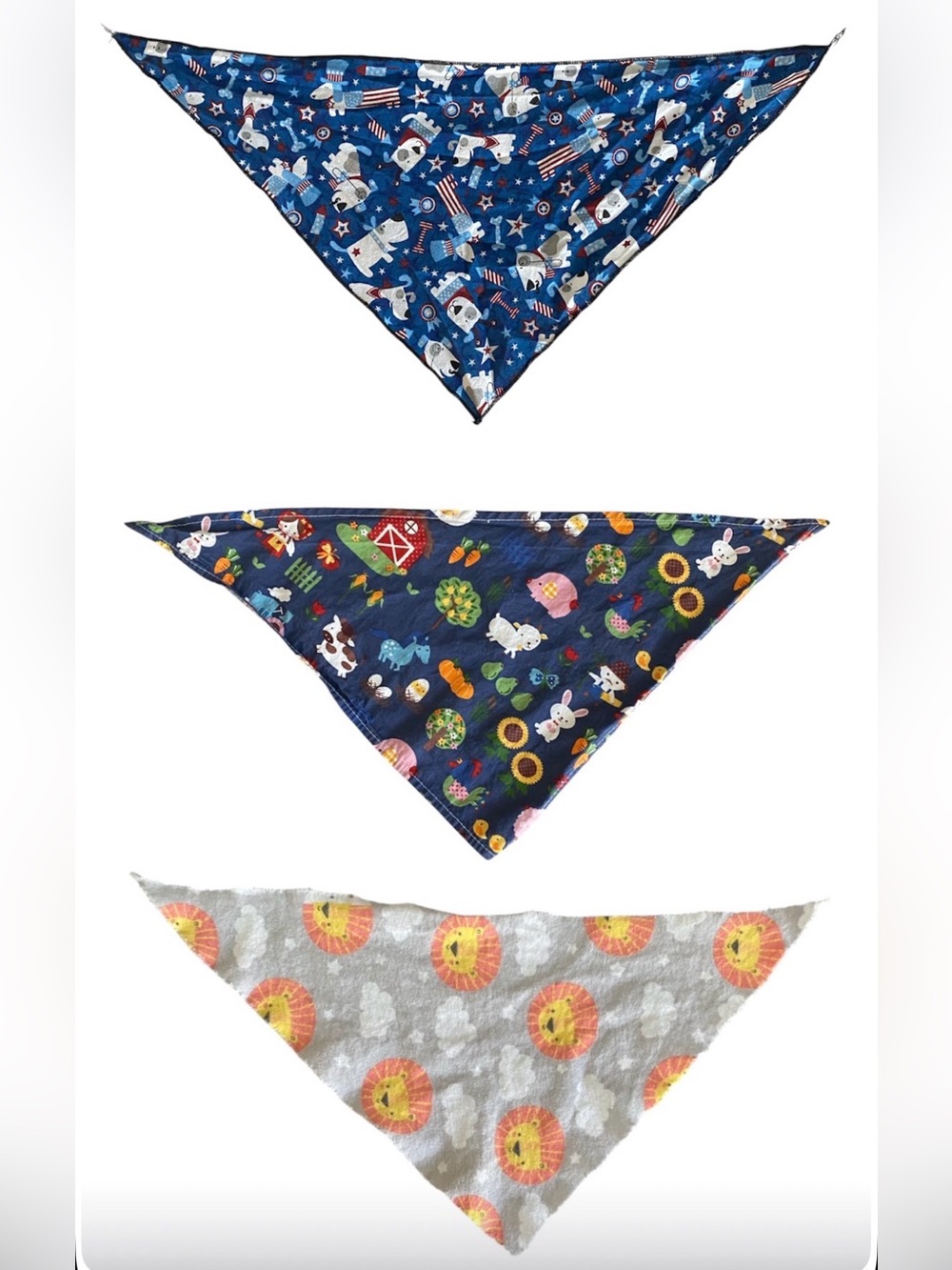 3 Dog / Pet Bandanas - Navy Blue Farm, Blue Patriotic, & Gray Lion